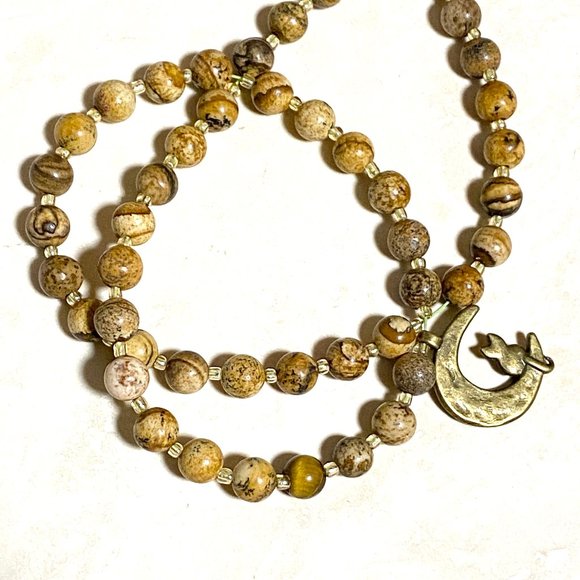 Jasper Stone Bronze Cat on the Moon Necklace, Genuine Gemstone Beaded Necklace - Picture 7 of 10